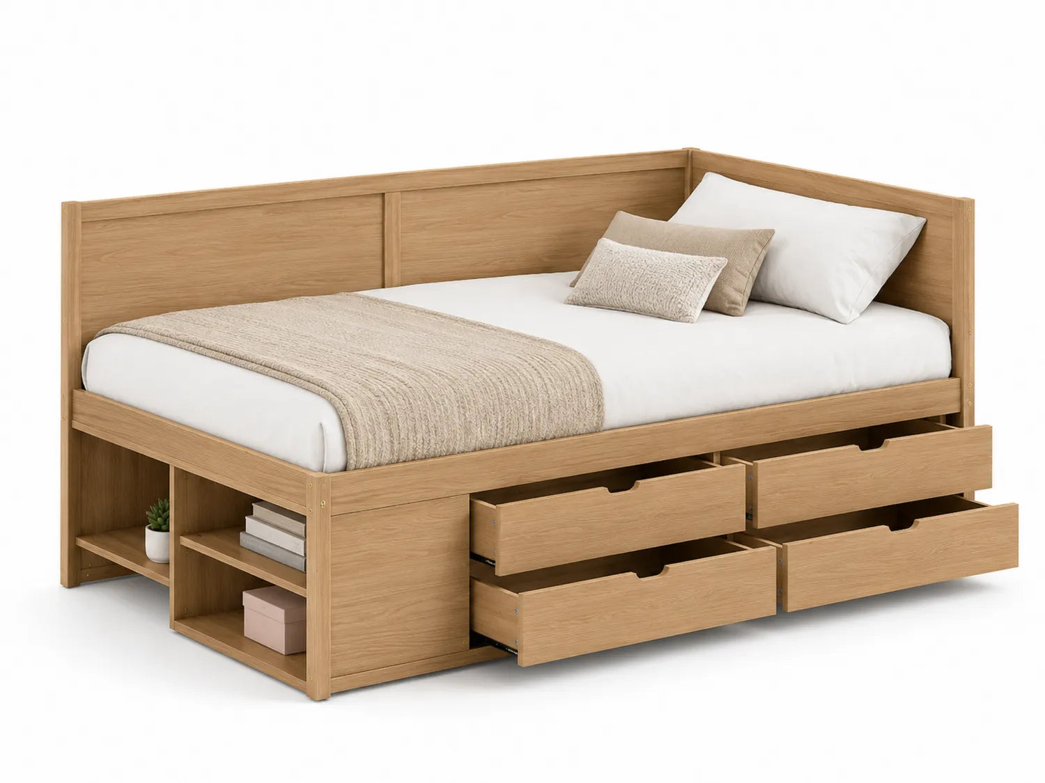 Letto singolo in legno con cassetti e mensole laterali