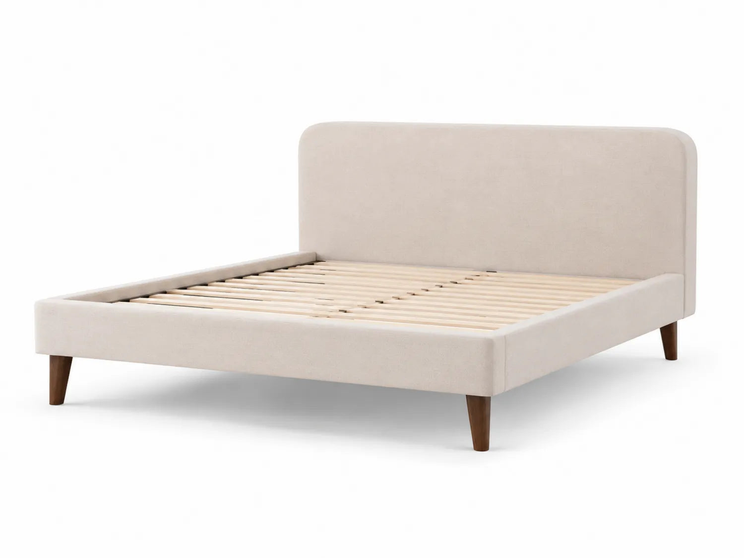 Letto matrimoniale in tessuto beige con gambe in legno