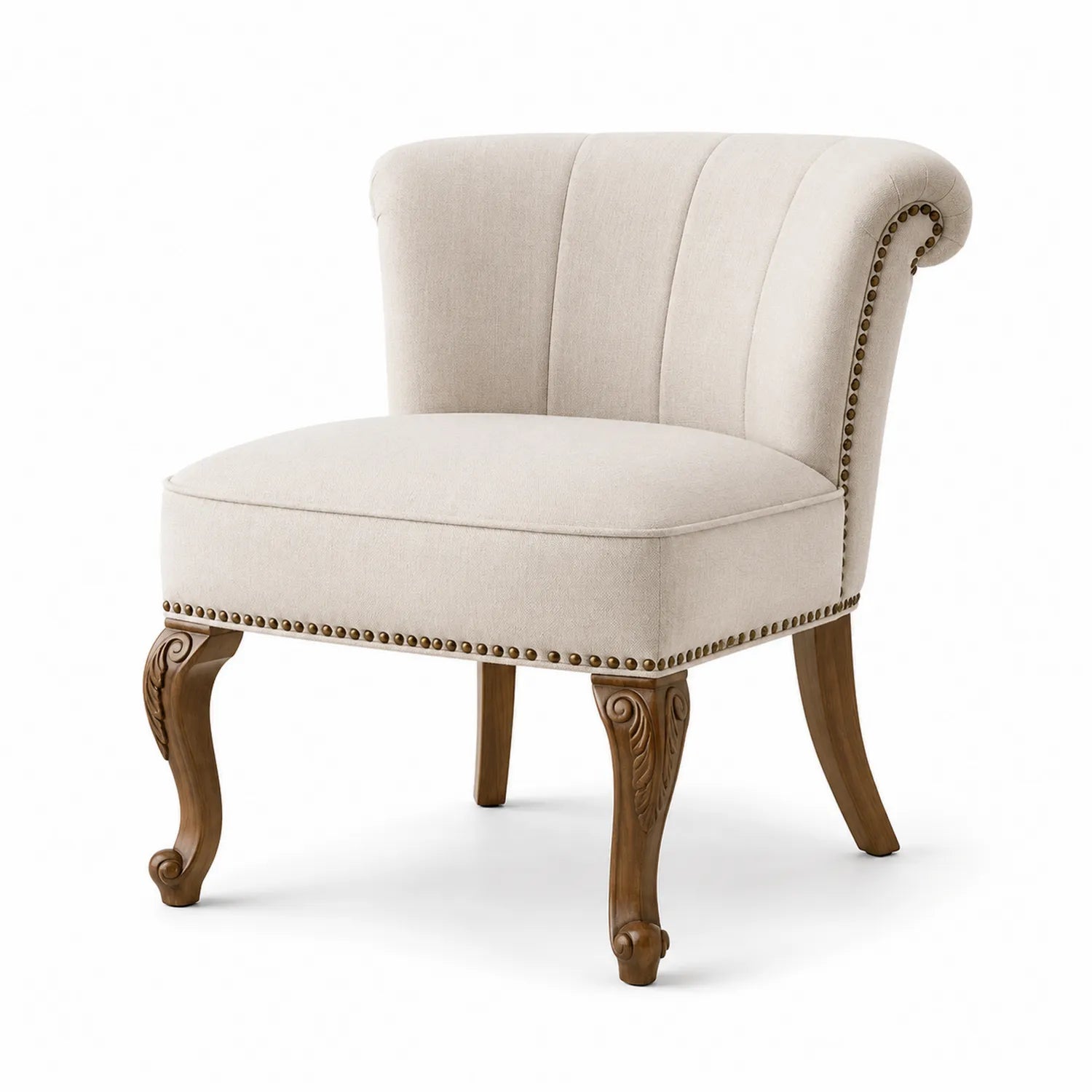 Sedia imbottita in tessuto con gambe in legno intagliato beige
