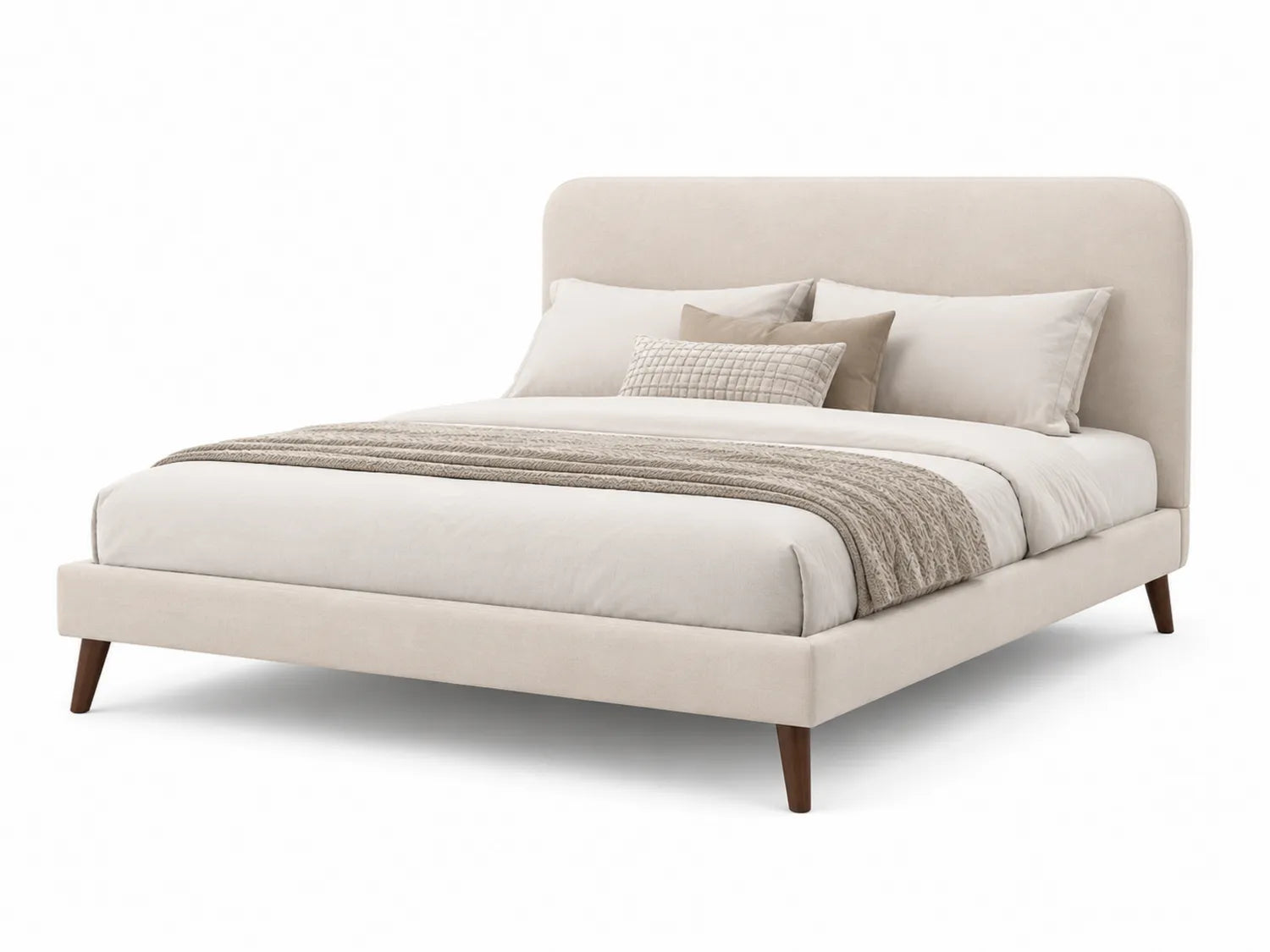 Letto matrimoniale in tessuto beige con gambe in legno