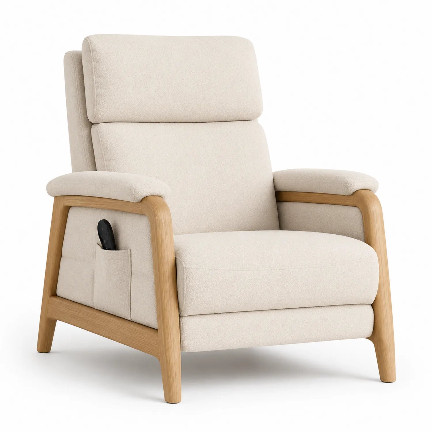 Poltrona reclinabile in legno con rivestimento in tessuto beige