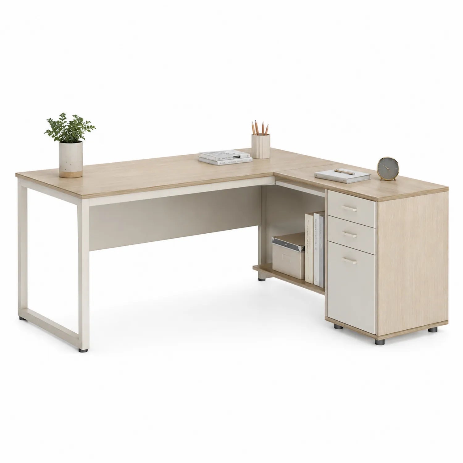 Scrivania ad L in MDF e Metallo con Cassetti Beige