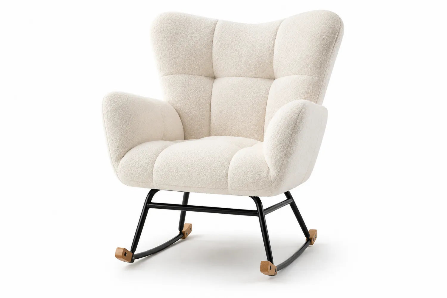 Sedia a Dondolo in Tessuto Boucl¨¦ Crema con Struttura in Metallo e Inserti in Legno
